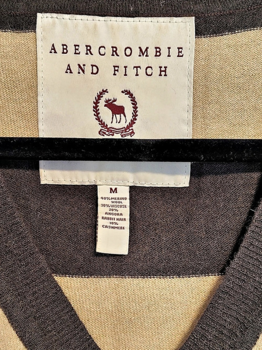 Abercrombie & Fitch Striped V-Neck Sweater in Brown & Tan